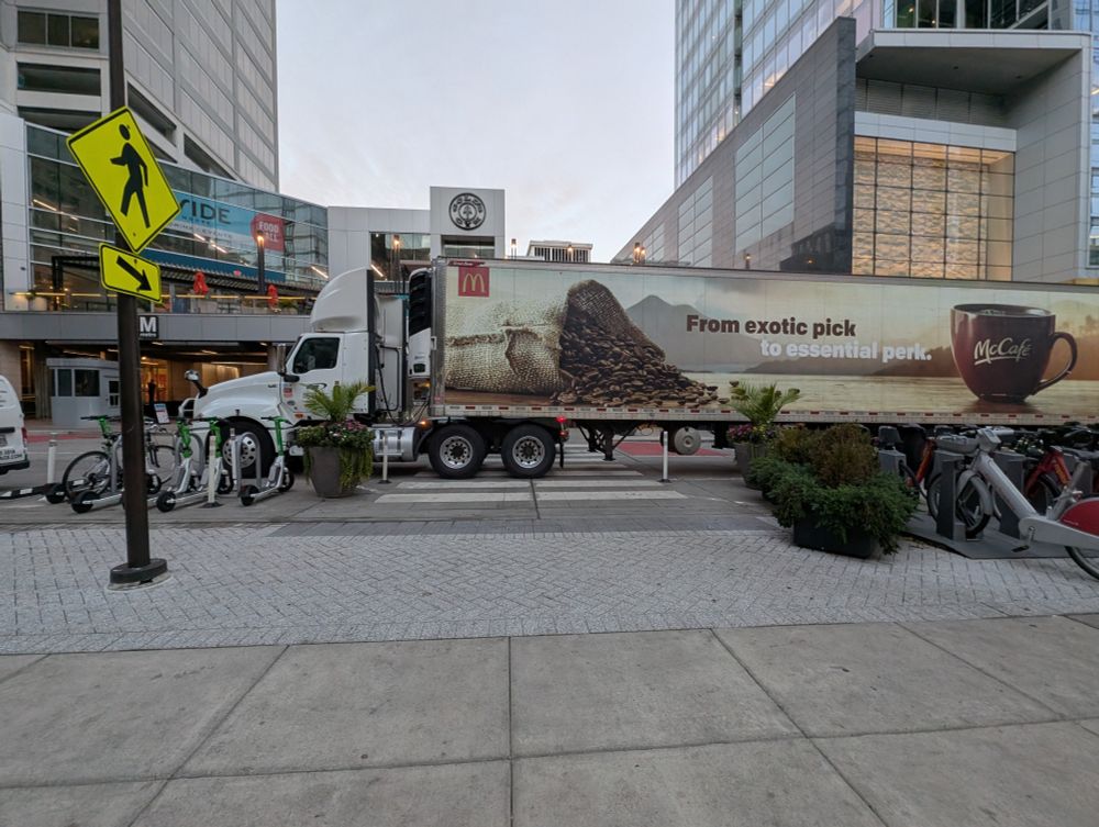 A McDonald's semi truck blocking the crosswalk on N Moore St at the Rosslyn Metro 