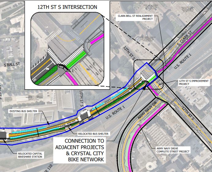 A planning drawing of the future bike connections at 12th St S, S Clark St, Long Bridge Drive, and Army Navy Drive.