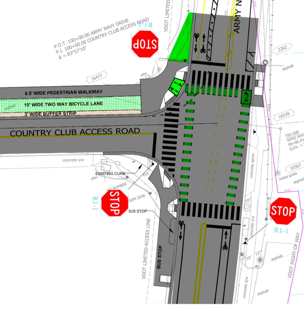 Plans for the connection to the Arlington View Connector Trail at the intersection with a country club access road.