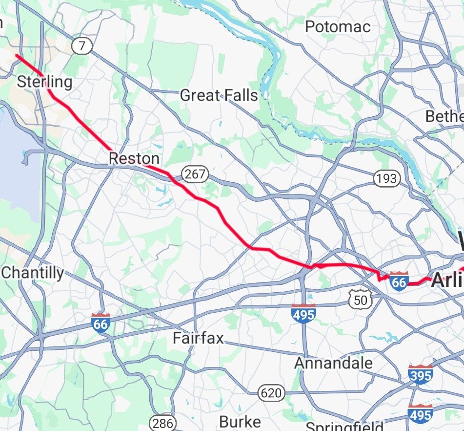 A map showing the out and back route from Arlington to Sterling via the Custis Trail and W&OD Trail. The start/end of the route in Rosslyn have purposely been cropped.