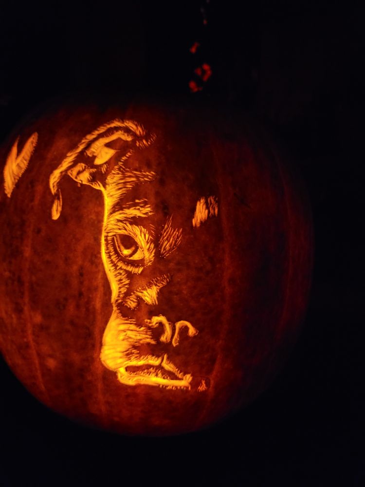 A pumpkin with a carved dog in it. You can only see half the face of the dog but it's very realistic. 
