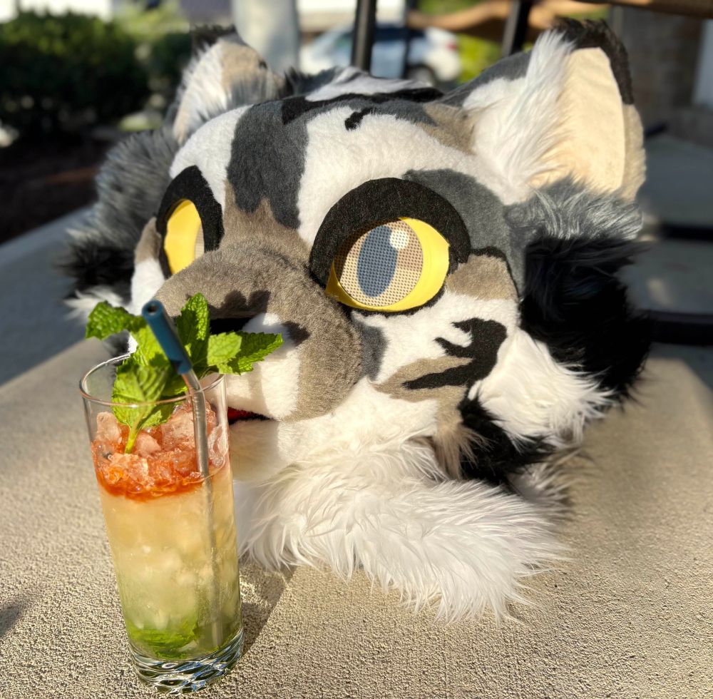 A cat fursuit head behind a Queen's Park Swizzle cocktail.