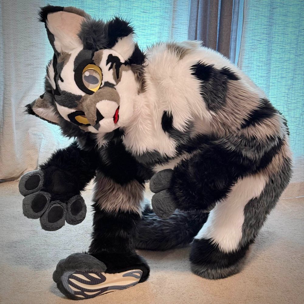 Cat fursuiter showing off paws built around running shoes.