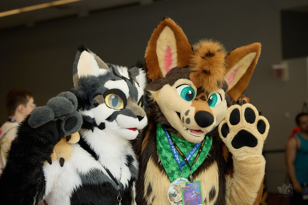 Photo of cat and coyote fursuiters waving.