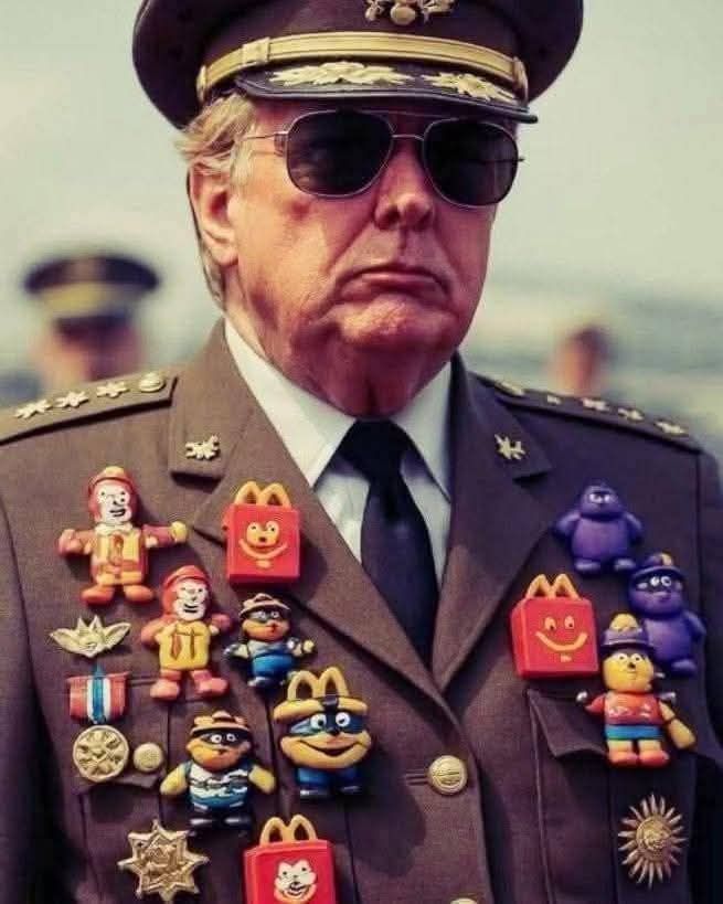 trump in uniform mit plastikfiguren von mcdonalds als orden auf der brust