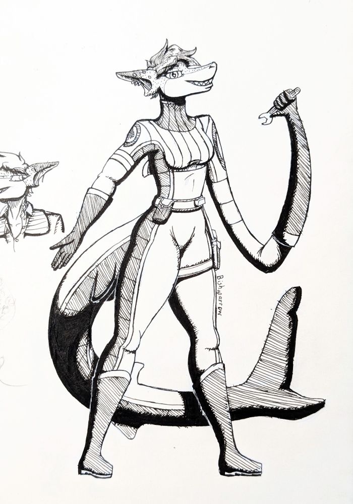 Jann, anthro shark woman, drawing in hand ink posing with her left arm stretched and holding a wrench and her walk behind her.