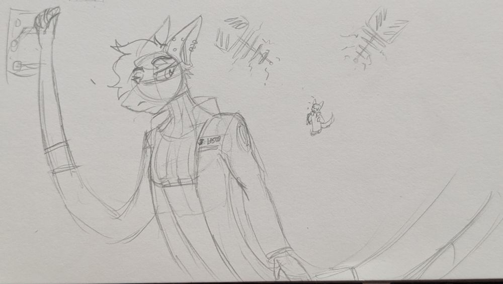 Jann, pulling a level to activate a devise with two raygun looking devices pointing at a dancing Fox