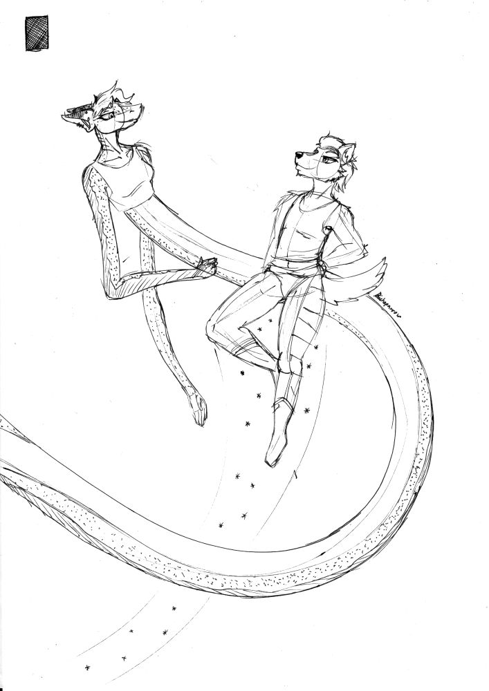 Stretchy superhero shark girl with elongated torso, next to flying wolf man hovering with snowflakes drifting off of him. Both are smiling at each other.