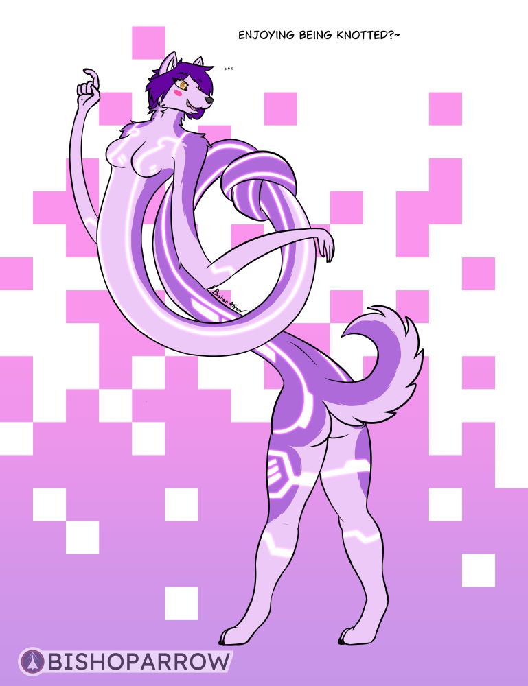 An anthro husky stretching out her body while trying out elastic powers and accidently knotting herself. She's rather flustered by someone asking her if she's enjoying being knotted~