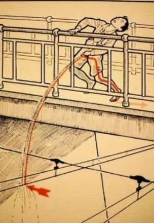 A diagram of a man pissing on an overhead electic railway cable and getting electrocuted.