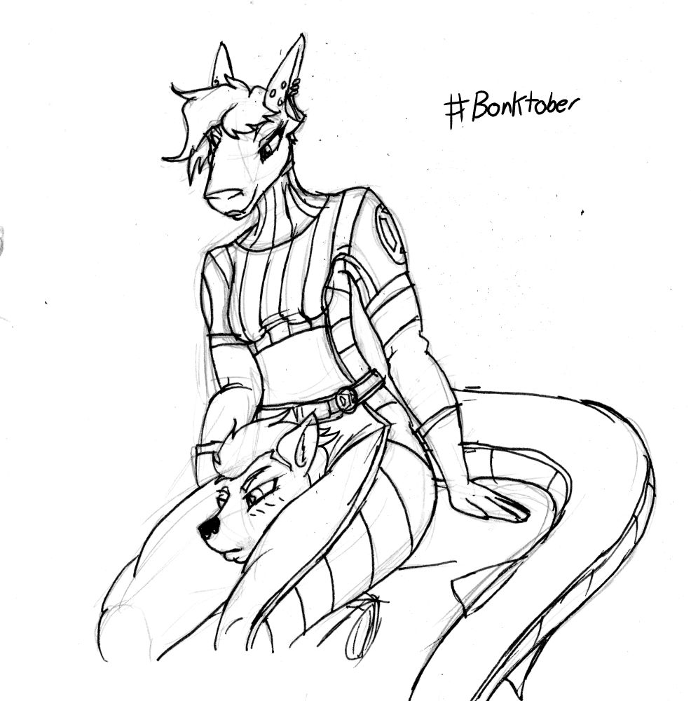 Jann, an anthropomorphic shark girl, squeezing Jet, an anthropomorphic wolf man, between her thighs.