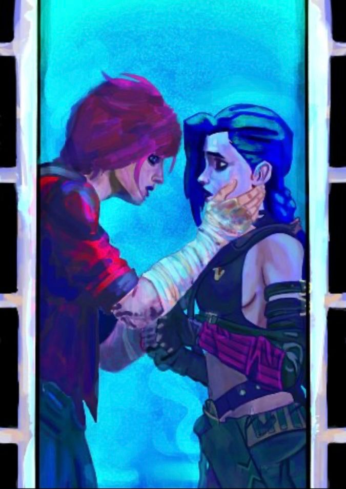 Vi and jinx from arcane in between old style photo strips 