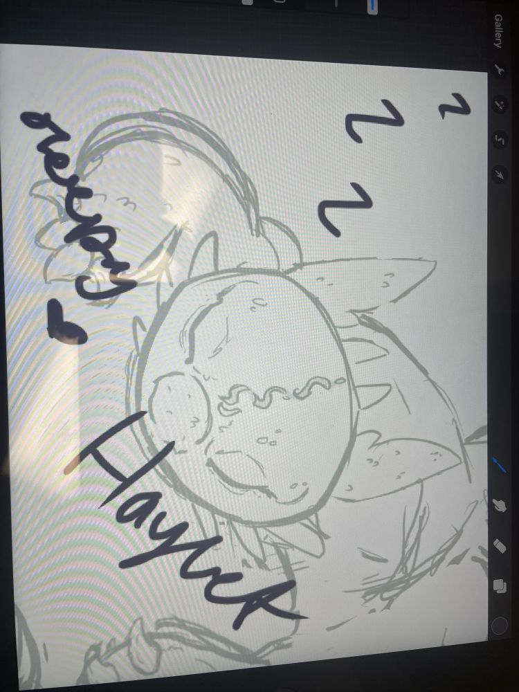 Sleeping dragon (nightfury inspired). Dragon laying with their head on the ground, front paws besides their head. Only the head, neck and front paws show. Text on the image says “Sleepy” “heart(drawing)” “zzz” “haylet”