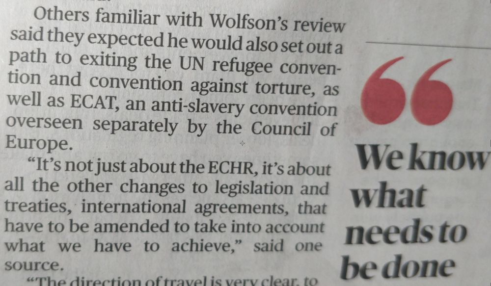 Text from the Times newspaper reporting the Tories' immigration plan to exit the UN refugee convention, convention against torture, and anti-slavery convention ECAT.