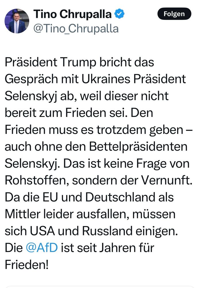 AfD-Chef Chrupalla nennt Selenskyj auf X einen „Bettelpräsidenten“.