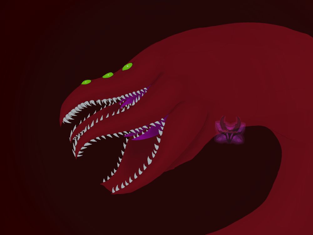 NightwalkingFae’s archfiend of terror and misery staring into the camera with a dark background, it is opening its mouth in a menacing way meant to elicit a feeling of horror
