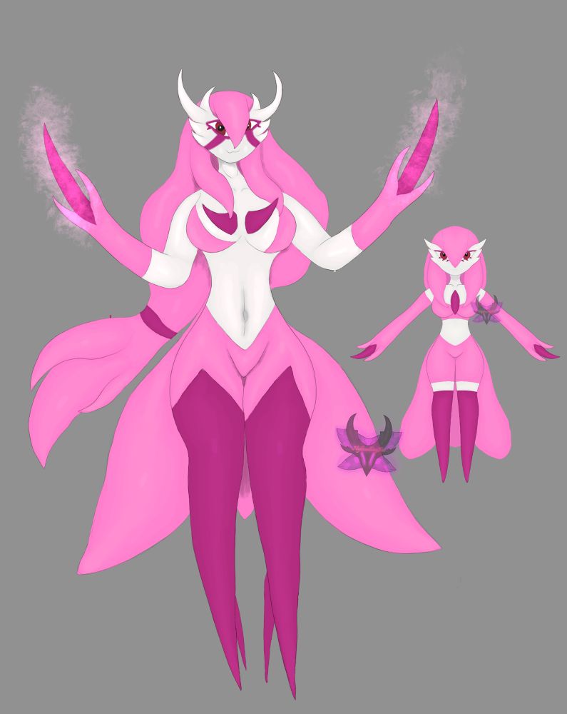 NightwalkingFae’s pink gardevoir sona Mella mega evolved, her features are exaggerated and her middle claws are longer, somehow her feet have high heel spikes as well