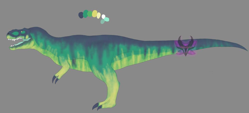 A Tyrannosaurus rex colored like a darker toxic waste barrel