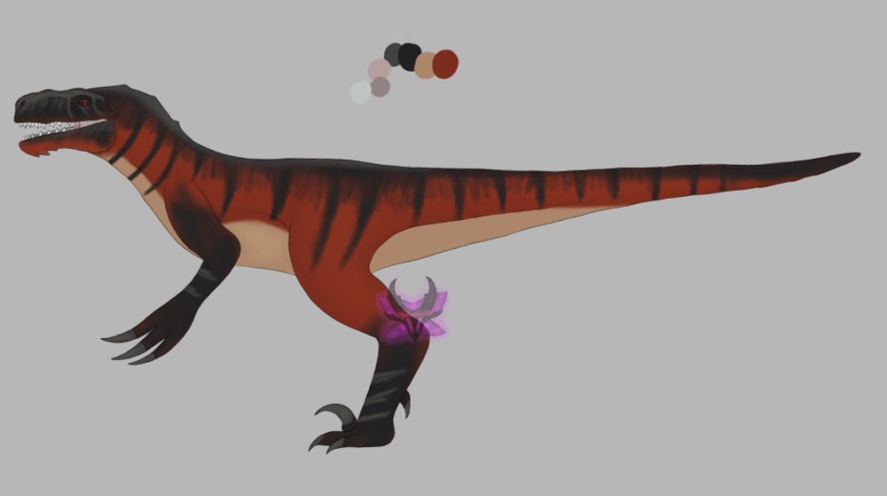 A Jurassic world dominion styled atrociraptor colored like a dark orange tiger
