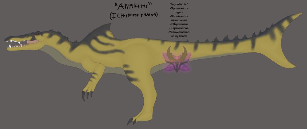 Aniakitus, another toy turned into a hybrid dinosaur oc that is made of several dinosaurs including spinosaurus, icthyosaurus, and more