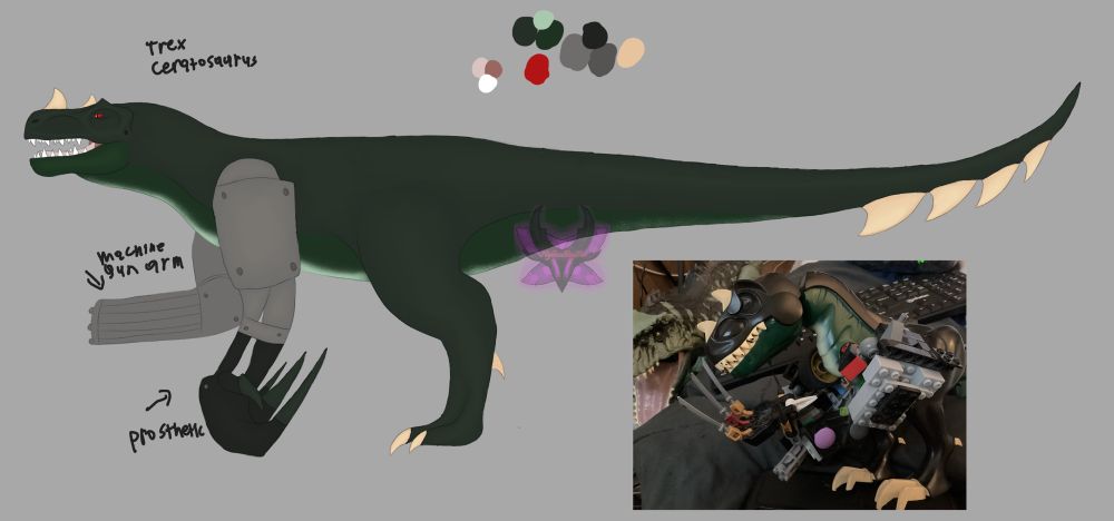 Death Rex, a Lego toy owned by NightwalkingFae but designed into an oc that has ceratosaurus and tyrannosaurus in its ingredients