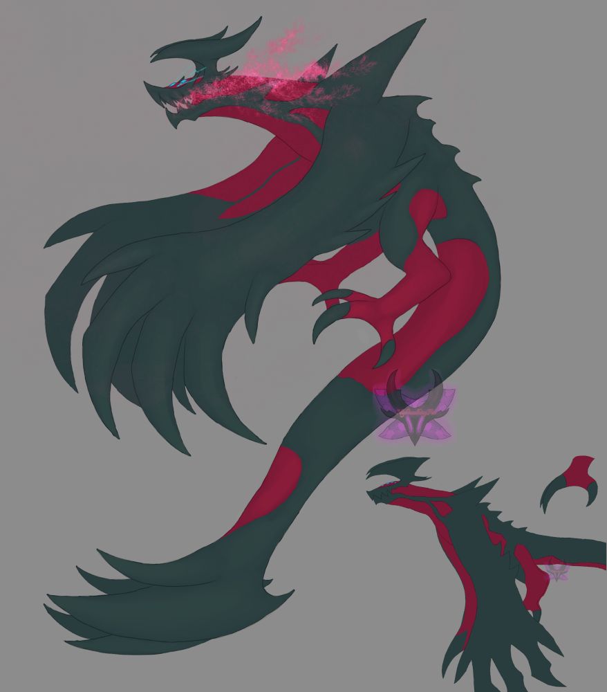 NightwalkingFae’s Regidrago Yveltal fusion Naziel mega evolved, all of her features have been exaggerated and she has more spikes on her tail back and head.