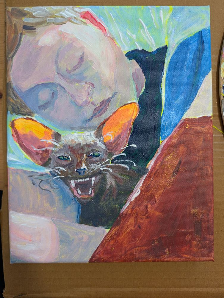 Painting of a woman asleep in bed under the covers with a brown cat between her arms. The cat looks kinda like a bat and is squinting and showing its teeth.