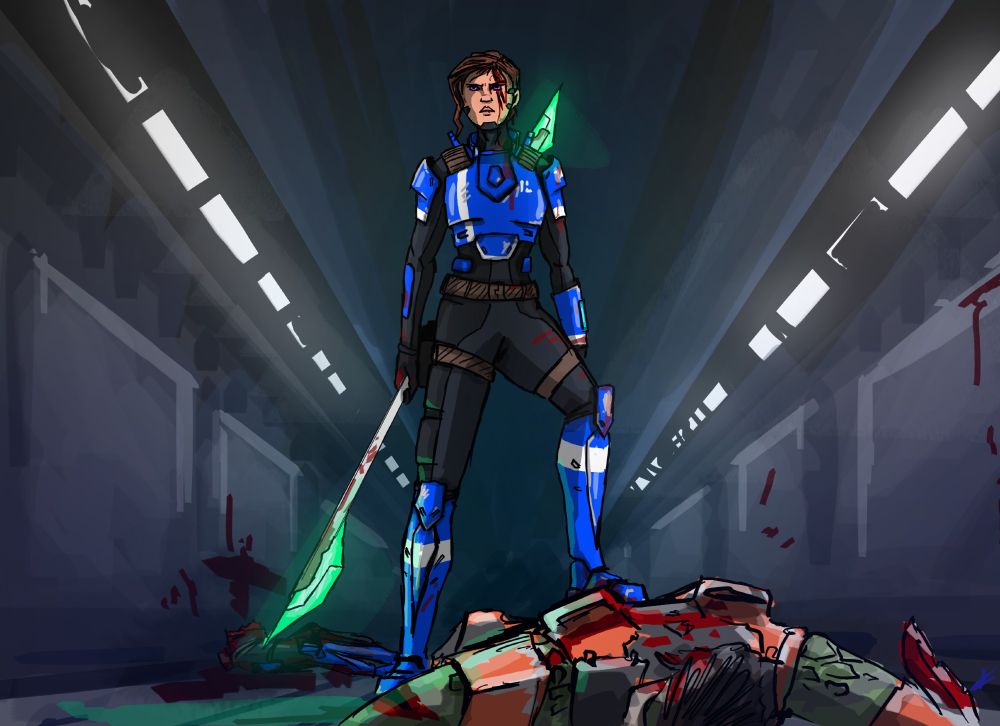 Agent Slone, bloodied from battle, standing over the body of a foe in a space station hallway, armed with an alien spear.