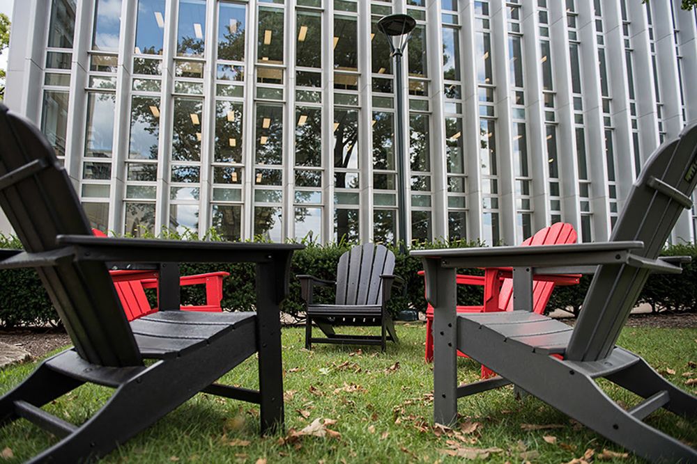 Adirondack chairs outside of Hunt Library
