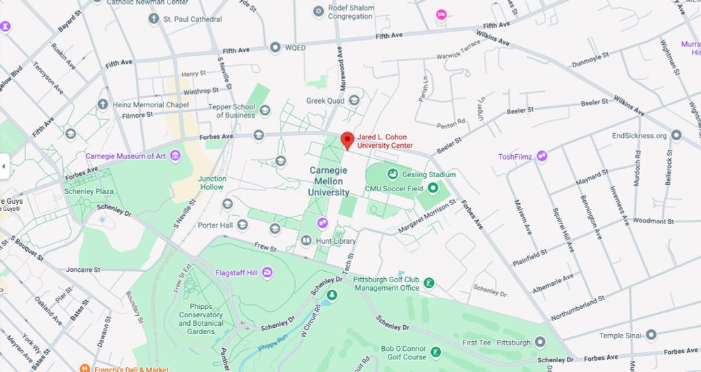 Google Map highlighting the Cohon University Center on CMU's campus