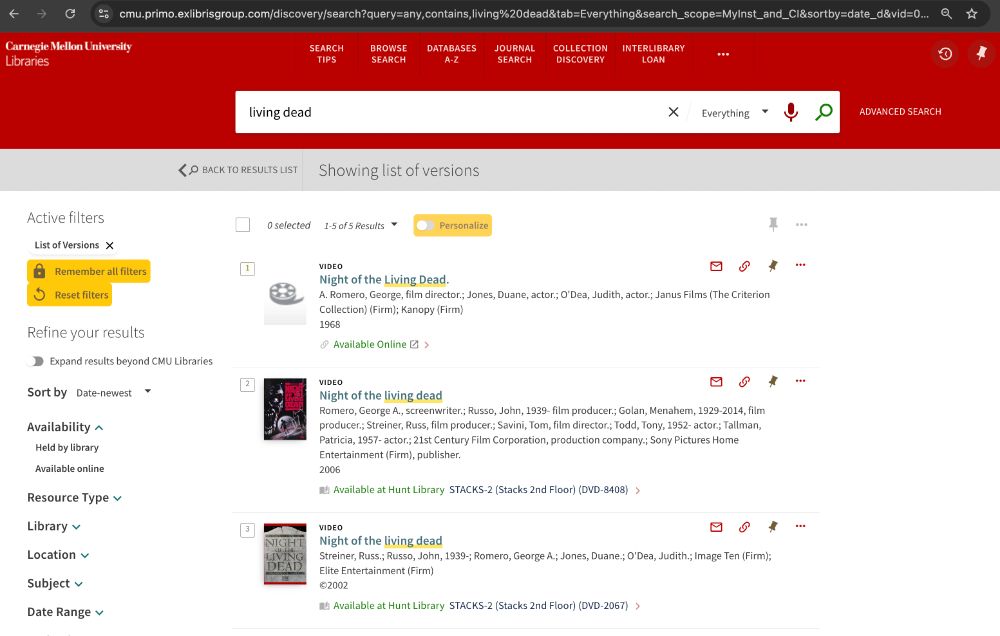 Screenshot from the CMU Libraries catalog search results page for "living dead"