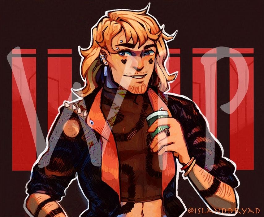 A light skinned, masc man with blonde medium length blonde hair. He has heart and spade tattoos under his blue eyes. He's wearing a black mesh crop top, a black jacket with pointed studs on the right shoulder and has 3 ear piercings and an eye brow piercing. He's holding a drink can in his left hand. He has a charming smile on his face.