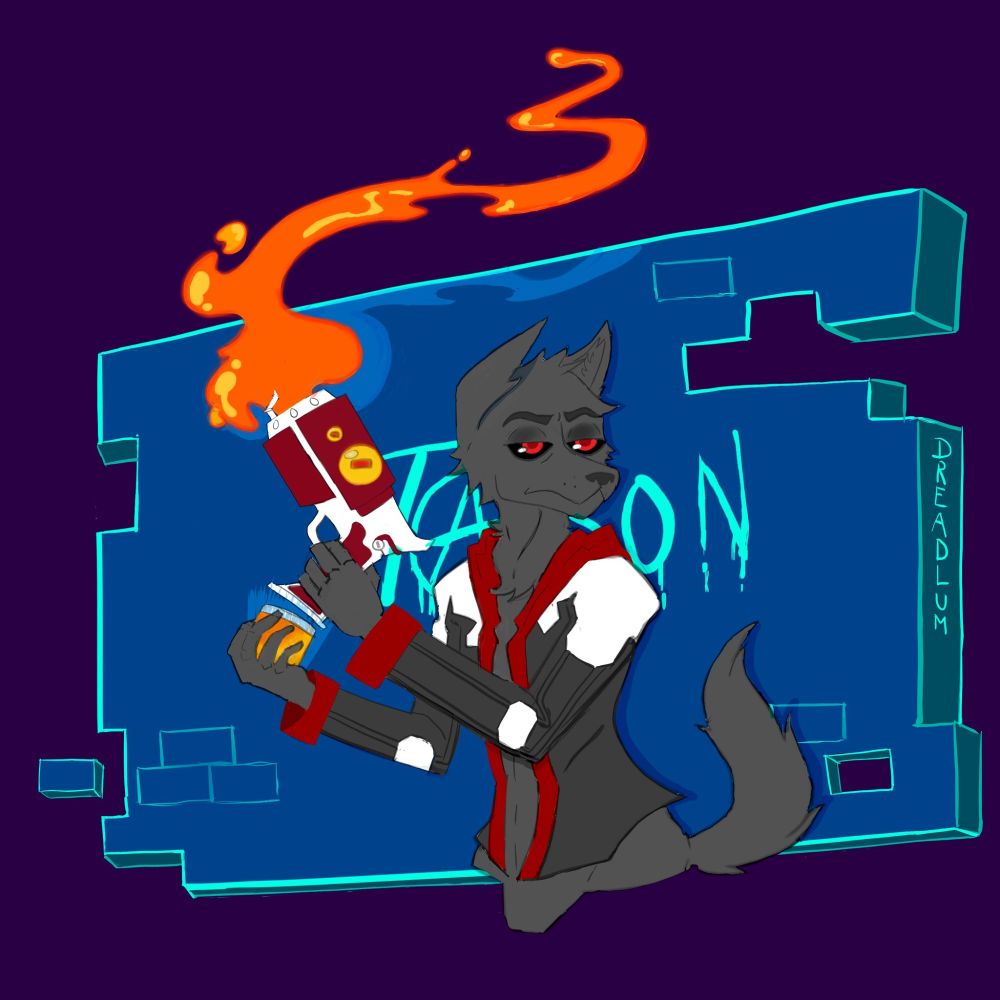 @dracogatom.bsky.social‬ did this piece of Jason with a Red hood style Jacket in front of a wall that says Jason on it.