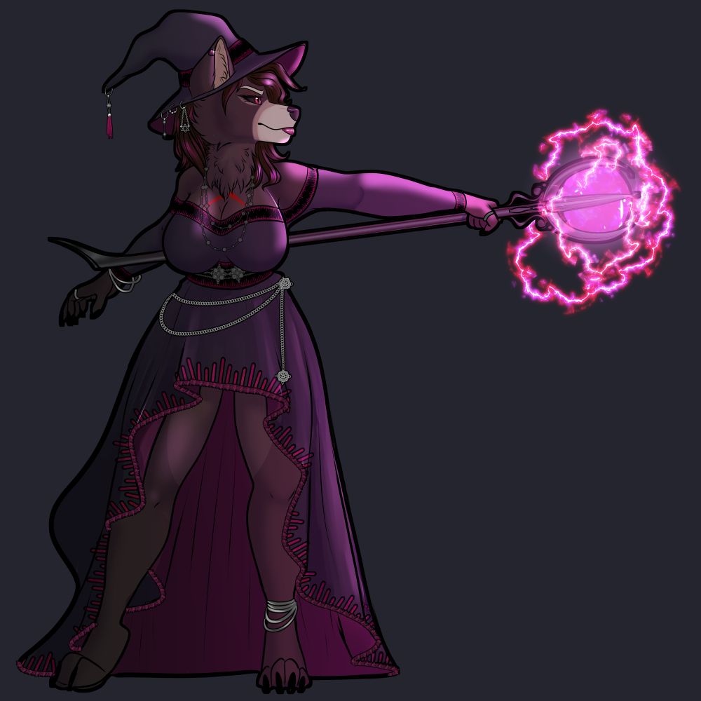 My older Milf momma character Victoria who is weaing some purple garments charging up a spell with her staff. she wears a typical witch hat