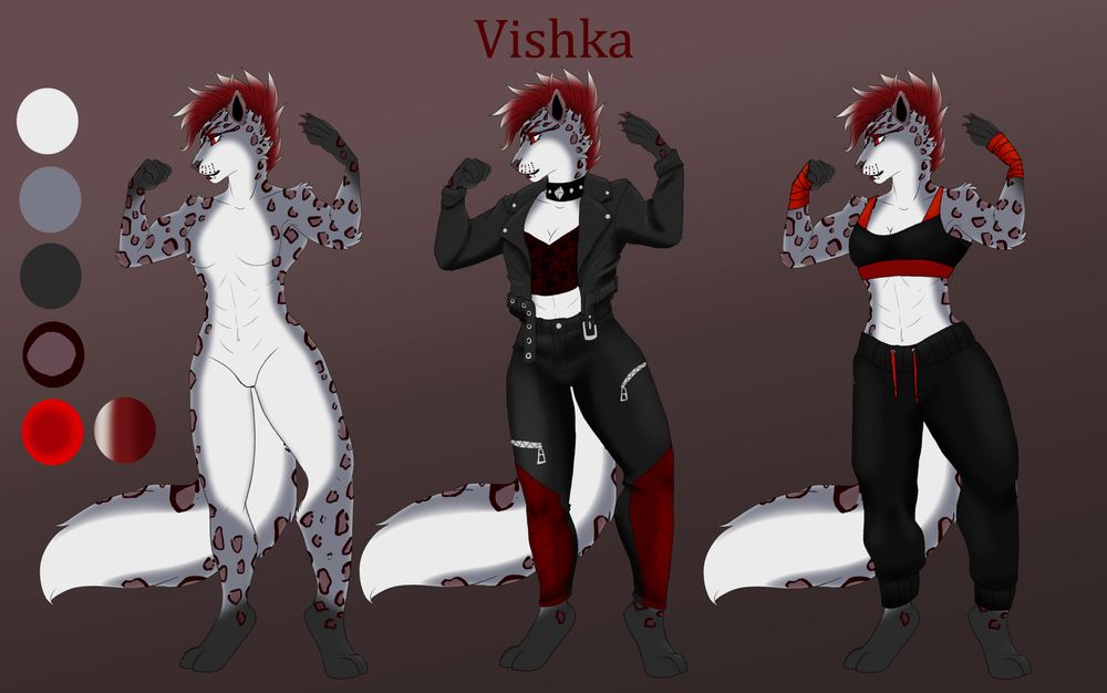 Another simple ref sheet of Vishka.  A buff snow leopard with gray and whtie fur and a red mohawk hairstyle. she also buff