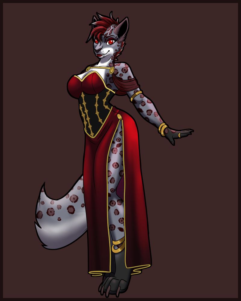 Vishka the snow leopard wearing a beautiful red and gold dress showing off her soft side