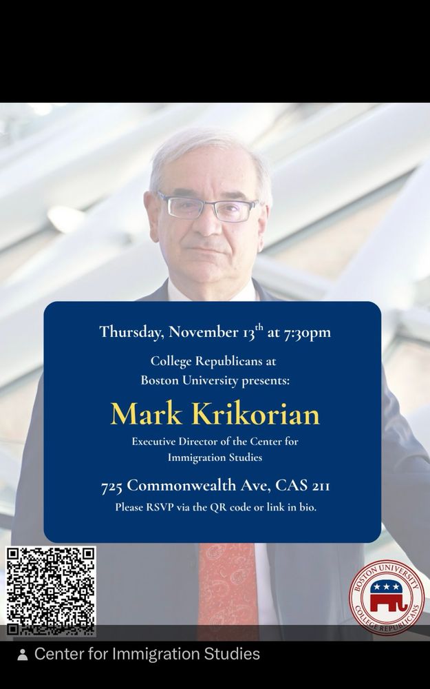 BU College Republicans announcement of event tonight with executive director of Center for Immigration Studies 