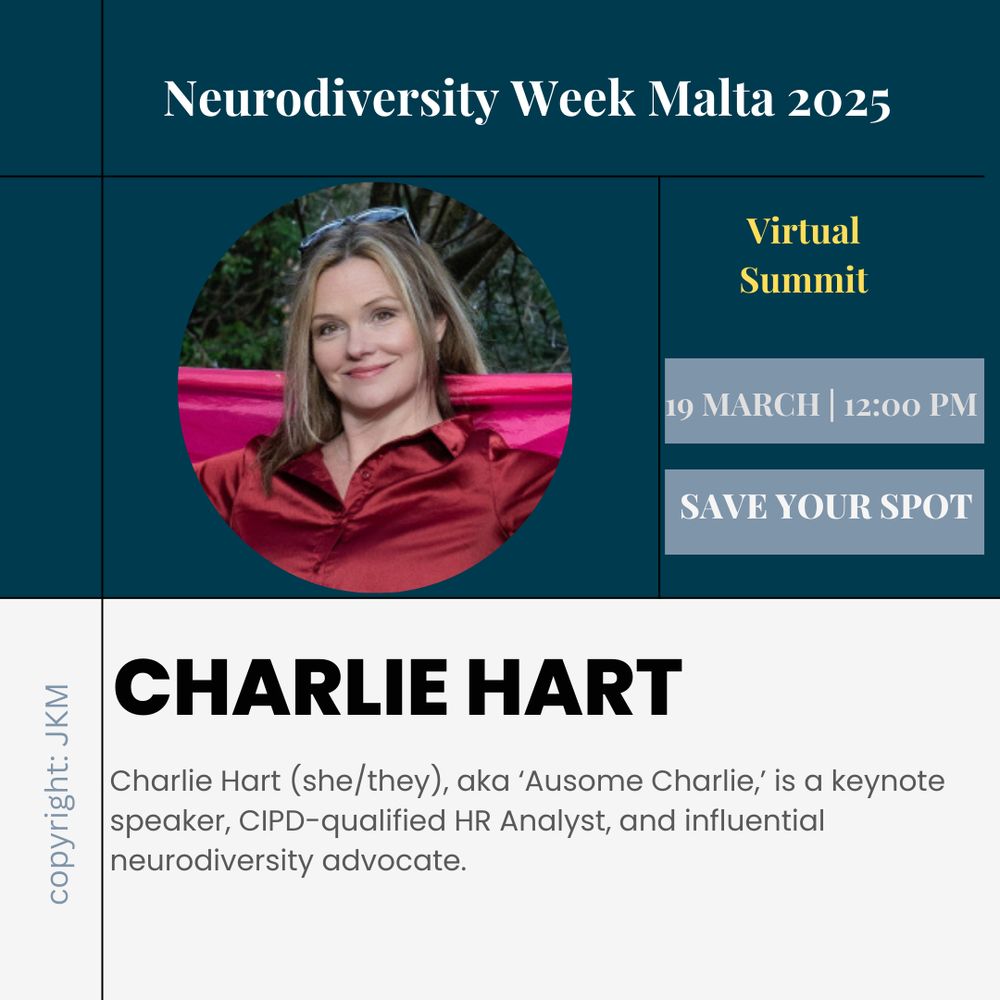 Neurodiversity Week Malta 2025 Virtual Summit 19 March 12pm CET Save your spot,Charlie Hart she./they aka AusomeCharlie is a keynote speaker, CIPD-qualified HR Analyst, and influential neurodiversity advocate. Photo shows Charlie smiling, wearing a red satin shirt, sunglasses on the top of her head, and holding a Bi Pride flag across her shoulders behind her.