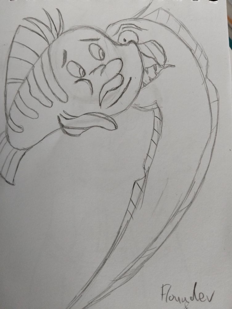 Sketch of an eel intimidating flounder from little mermaid