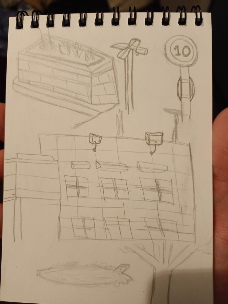 A building, speed limit sign and lamp post drawing
