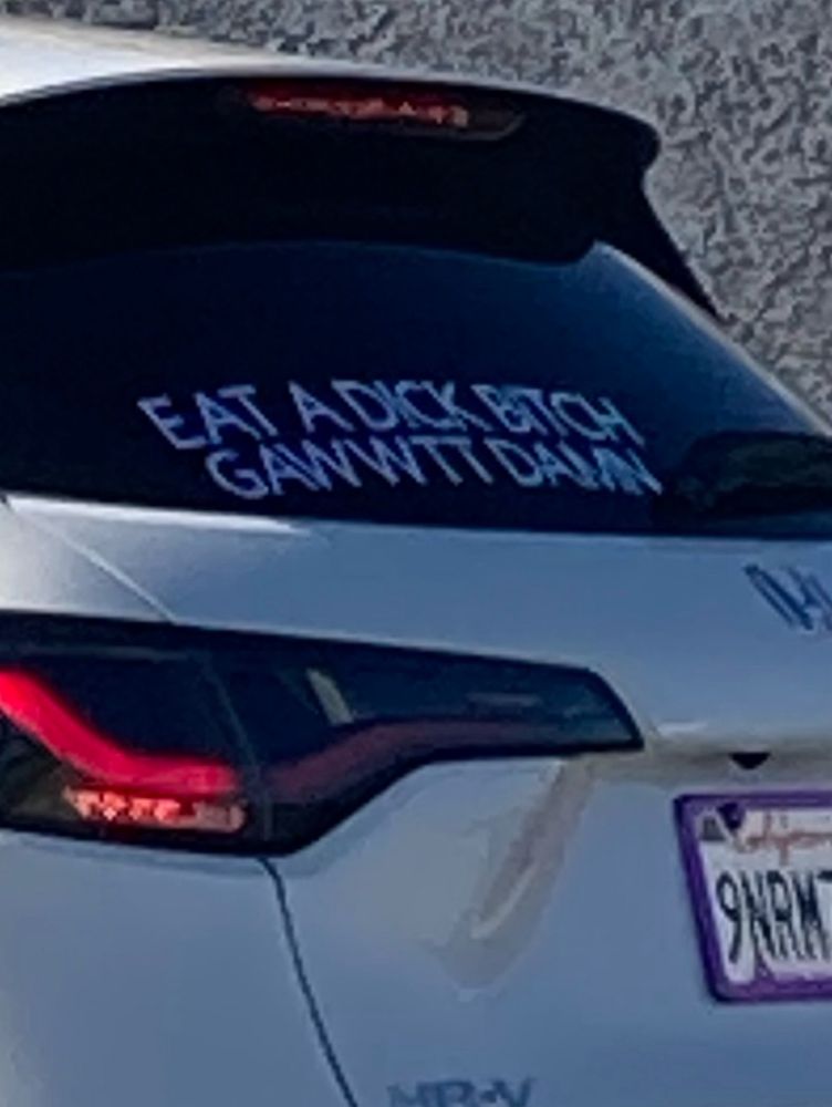 White Honda with sticker on window that reads “eat a dick bitch, god damn” in all caps 