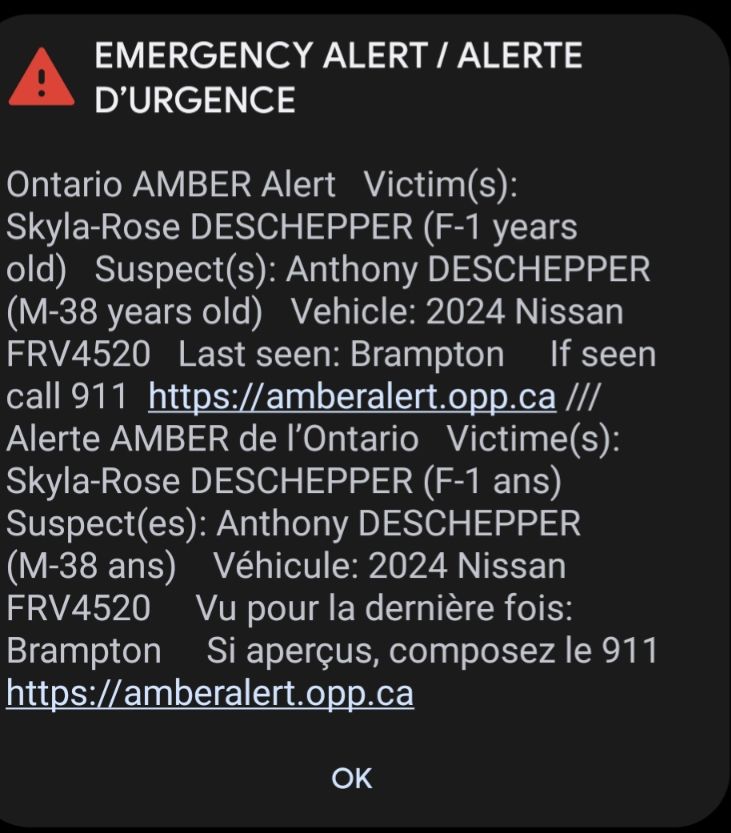 A

EMERGENCY ALERT / ALERTE D'URGENCE

If seen Ontario AMBER Alert Victim(s): Skyla-Rose DESCHEPPER (F-1 years old) Suspect(s): Anthony DESCHEPPER (M-38 years old) Vehicle: 2024 Nissan FRV4520 Last seen: Brampton call 911 https://amberalert.opp.ca ///Alerte AMBER de l'Ontario Victime(s): Skyla-Rose DESCHEPPER (F-1 ans) Suspect(es): Anthony DESCHEPPER (M-38 ans) Véhicule: 2024 Nissan FRV4520 Vu pour la dernière fois: Brampton Si aperçus, composez le 911 https://amberalert.opp.ca