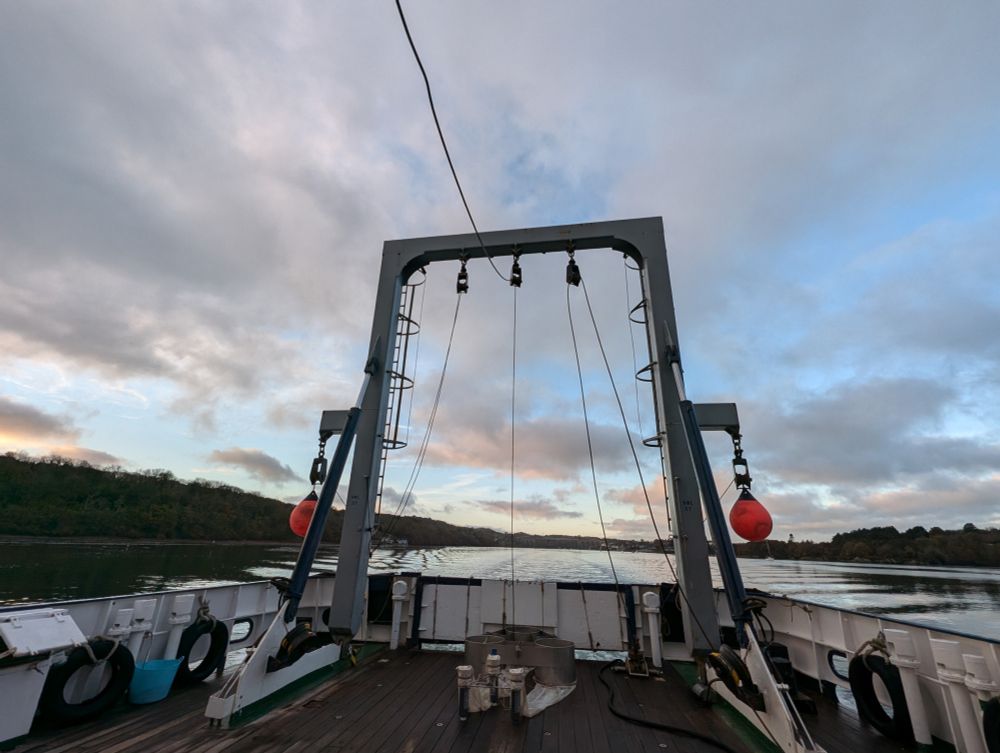 Rear deck of the research ship with A-frame gantry and water behind