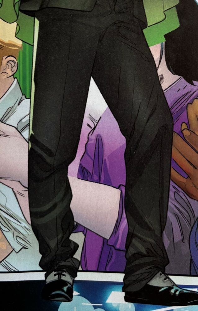 RB Silva’s drawn Dr Doom going on a TV debate with Reed Richards. He has some ill-fitting black trousers and some neat dress shoes.
He’s just like me! Given my DeVito-esque body, trousers are generally a bit long in the leg and need to get taken in for me.