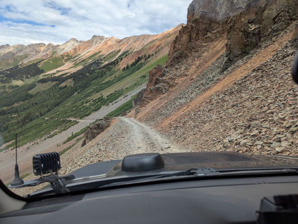 Drivers view of a 4wd trail on a scree slope