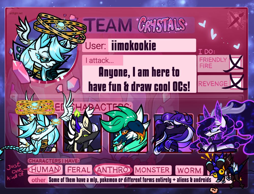 image is a digital card for the online art game Art Fight. The card's theme is based on the game's Team Crystal. #artfight #artfight2025 #af2025 #teamcrystal
