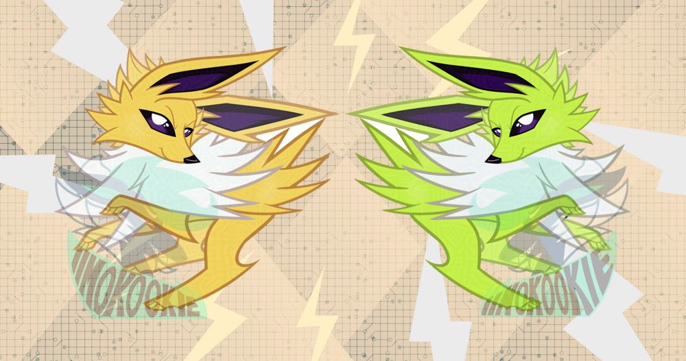 image is a digital drawing of a Jolteon from the series Pokemon, with its art mirrored to the right with its shiny variant. #furry #furryart #pokemon #pokemonart #eeveelution