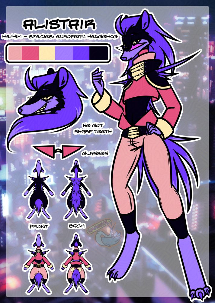 Image is a digitally drawn character sheet for a violet-coloured anthropomorphic hedgehog wearing pink and peach hued attire. #furryart #furry