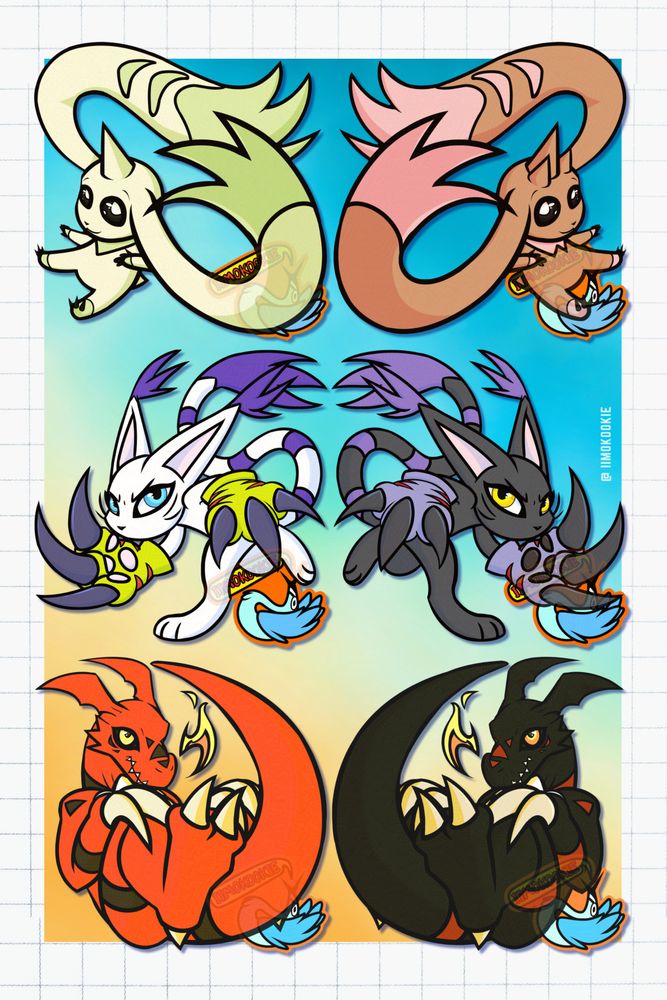 Image shows drawings of four Digimon: Terriermon, Lopmon, Gatomon/Tailmon, and Guilmon. Terriermon and Lopmon have mirrored artwork. Gatomon and Guilmon have two versions each with their normal and black versions. #DIGIMON #FURRYART