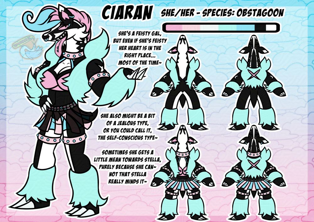 image is a digitally illustrated character sheet of an anthropomorphic Obstagoon character. their markings follow a typical Obstagoon pattern, with the addition of blue and pink hair. the text reads: "She's a feisty gal, but even if she's feisty her heart is in the right place; most of the time. She also might be a bit of a jealous type, or you could call it, the self-conscious type. Sometimes she gets a little mean towards Stella, purely because she can. Not that Stella really minds it." #furryart #furry #pokemon #pokemonoc #anthro